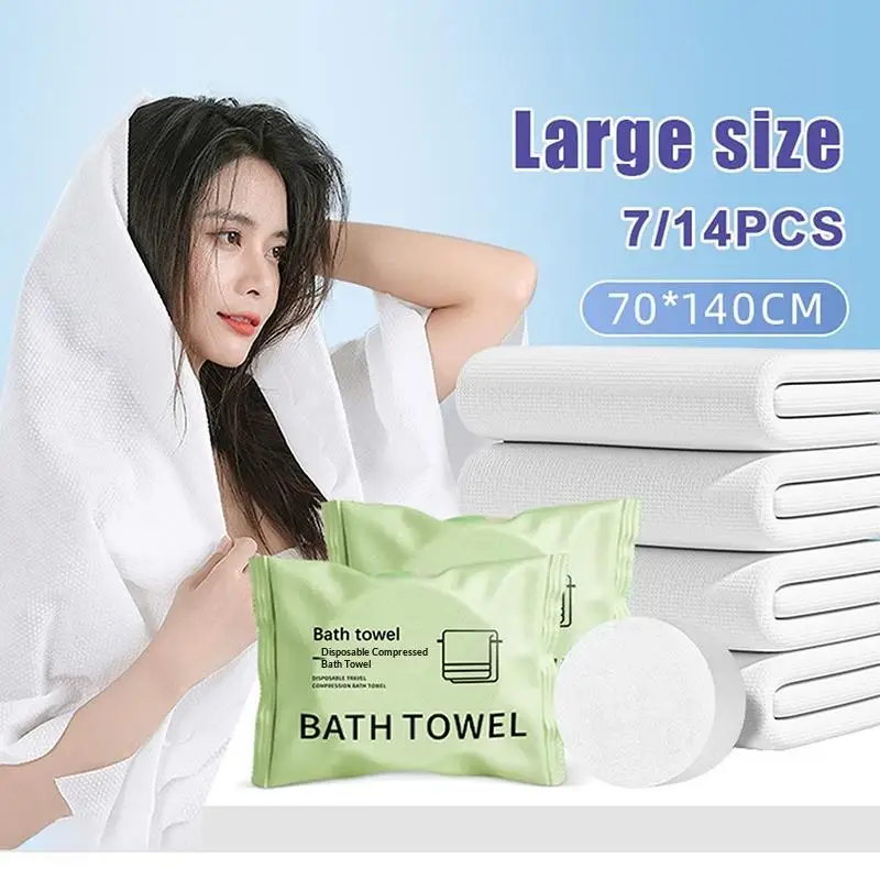 7/14pcs Large Disposable Towel 70x140cm, Compressed Dry Travel Bath Towel, Washable Portable For Outdoor & Trip