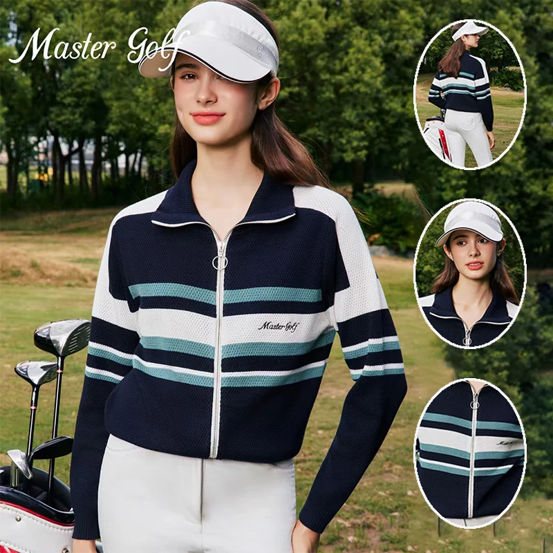 MG Women Vintage Knit Cardigan Luxury Full Zipper Outerwear Ladies Striped Warm Golf Jacket Autumn All-Match Golf Coat