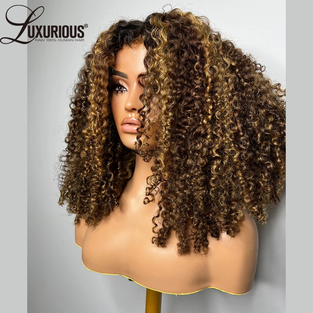 Perruque Lace Front Wig brésilienne naturelle, cheveux bouclés, ombré blond miel, 13x4, 250% de densité, pour femmes