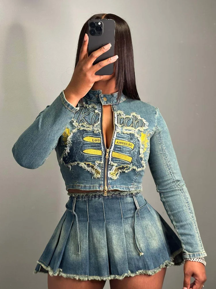 

Vintage Denim Top Skirt Sets For Women Embroidery High Collar Denim Coat Pleated Skirt Suits 2025 Spring New Lady Y2k Outfits