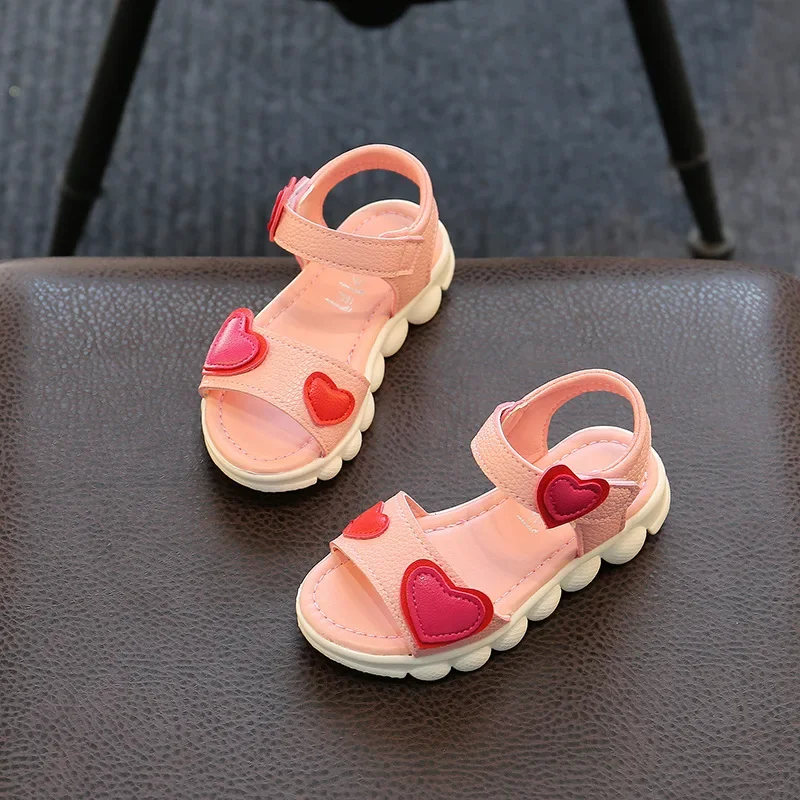 Children Sandals Korean Fashion 2024 Spring/Summer New Sweet Open Toe Shoes Hook&Loop Cute Love Heart Girls Casual Beach Shoes