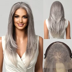 Afro Lace Wigs 13x6 Transparent Lace Frontal Synthetic Wig Silver Grey Platinum Ombre Hair for Black Women Straight Layered Wigs