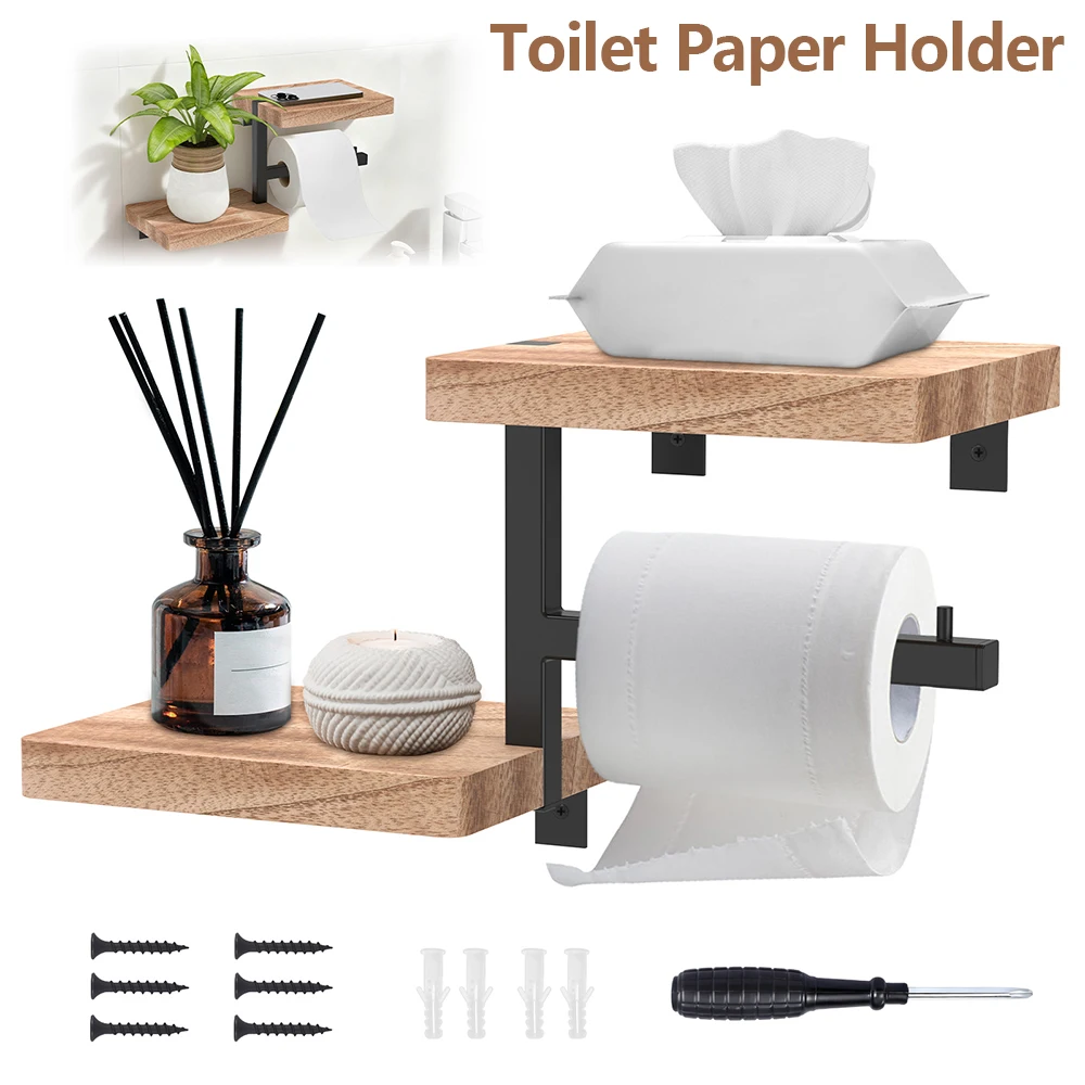 Toilet Paper Holder Wooden Wall Mounted Bathroom Wallpaper Rack Decorative Tissue Roll Dispenser with Shelf Kitchen Accessories