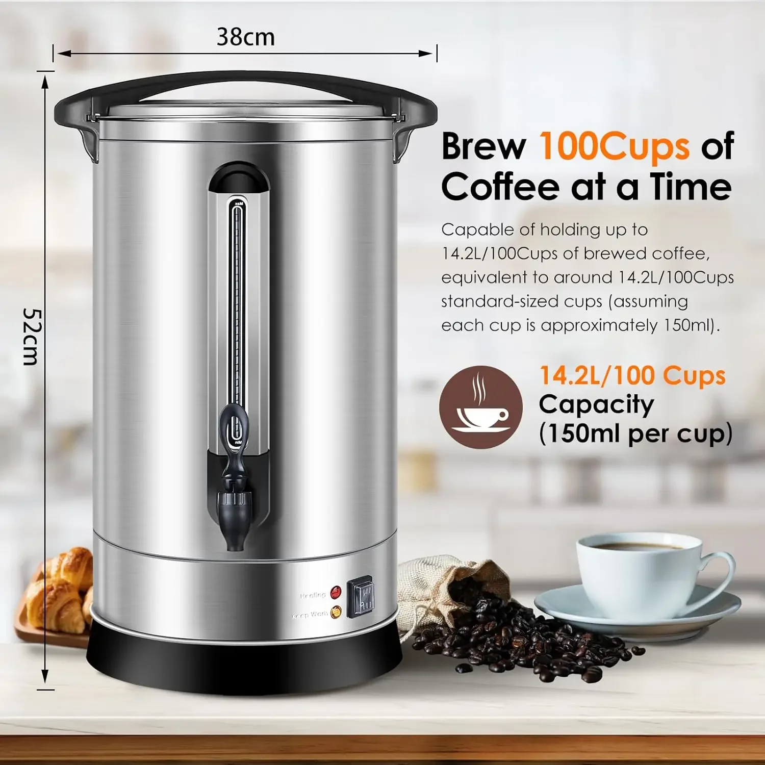 Coffee Urn 100Cups Large Coffee Dispenser 14.2L Full Stainless Steel Commercial Coffee Maker Double Wall Quick Brew Electric Bev