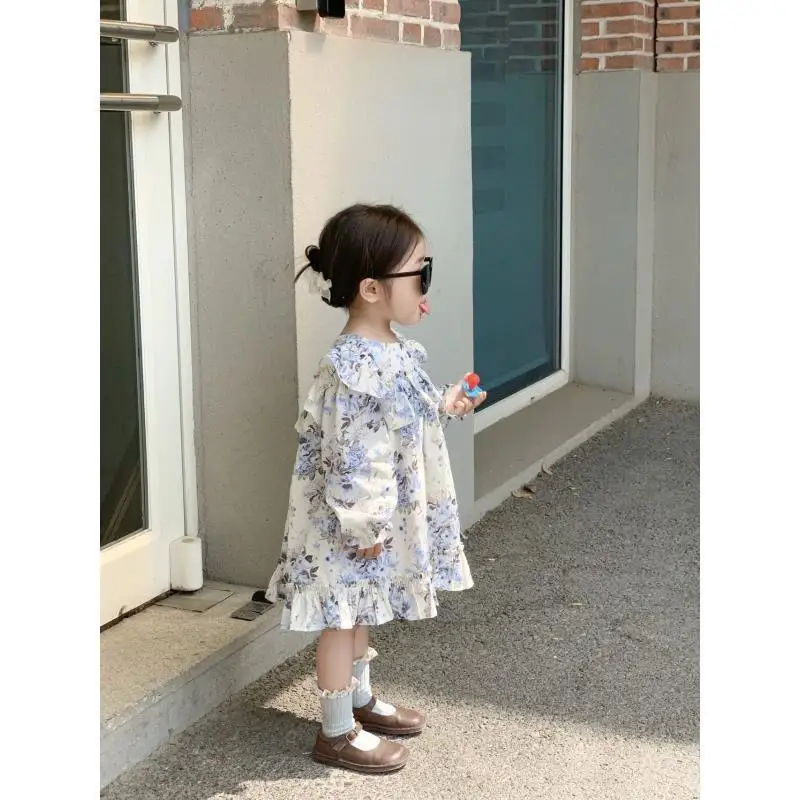 Children's Clothing Spring And Summer Clothing Princess Dress Blue Flower Print Girls Full Skirt Ruffle Collar Flutter Sleeves