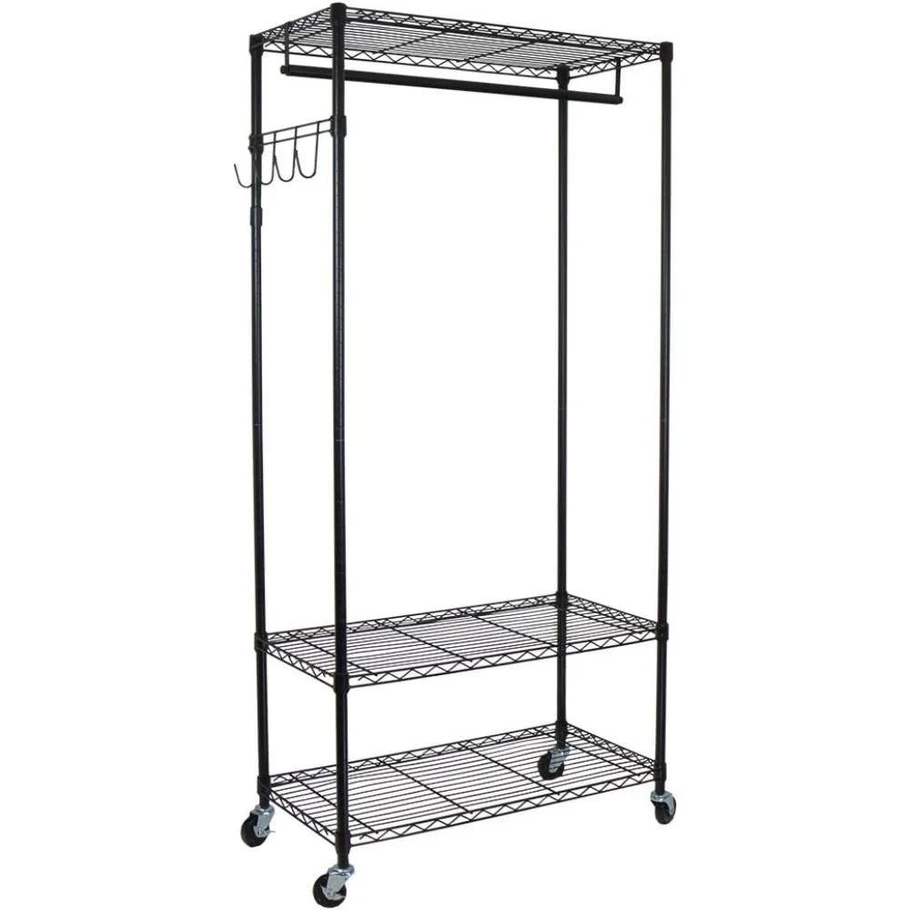 

Tool Adjustable Shelves with Hooks Garment Rack, Black