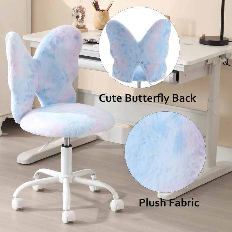 Silla de escritorio de mariposa para niños, silla de estudio para niñas, silla de computadora ajustable, silla giratoria peluda de oficina para estudiantes