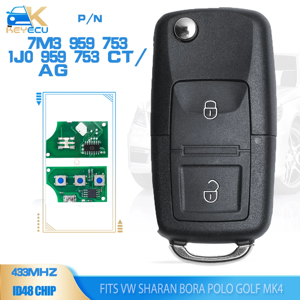 KEYECU 7M3 959 753, 1J0 959 753 CT/ 1J0 959 753 AG Tombol Remote Flip 433MHz ID48 Chip 2 Tombol untuk VW Sharan Bora Polo Golf MK4