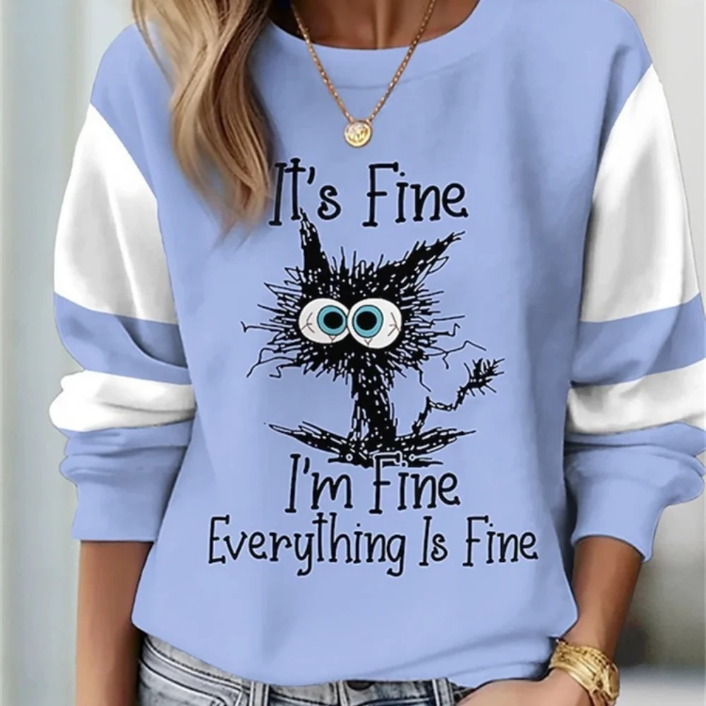 Moletom feminino pulôver poliéster floral gato rua casual vintage esportes básico em torno do pescoço manga longa topo comfrt macio 2026