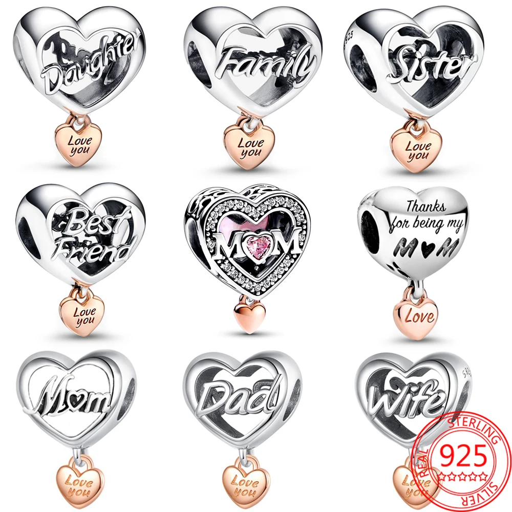 Romantic S925 Sterling Silver Love You Daughter Family Mom Dad Wife Sister Friend Heart Charm Fit Pandora Bracelet Jewelry Gift