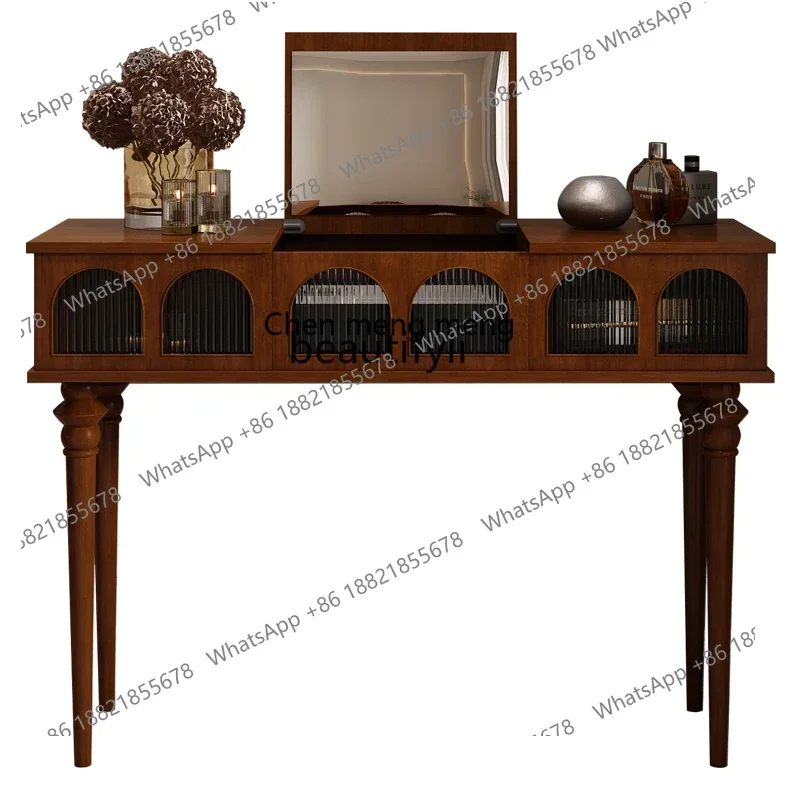 

new styleFrench Vintage Style Three-Fold Mirror Dressing Table American Bedroom Dressing Table Makeup Table Teak Color ss 7304