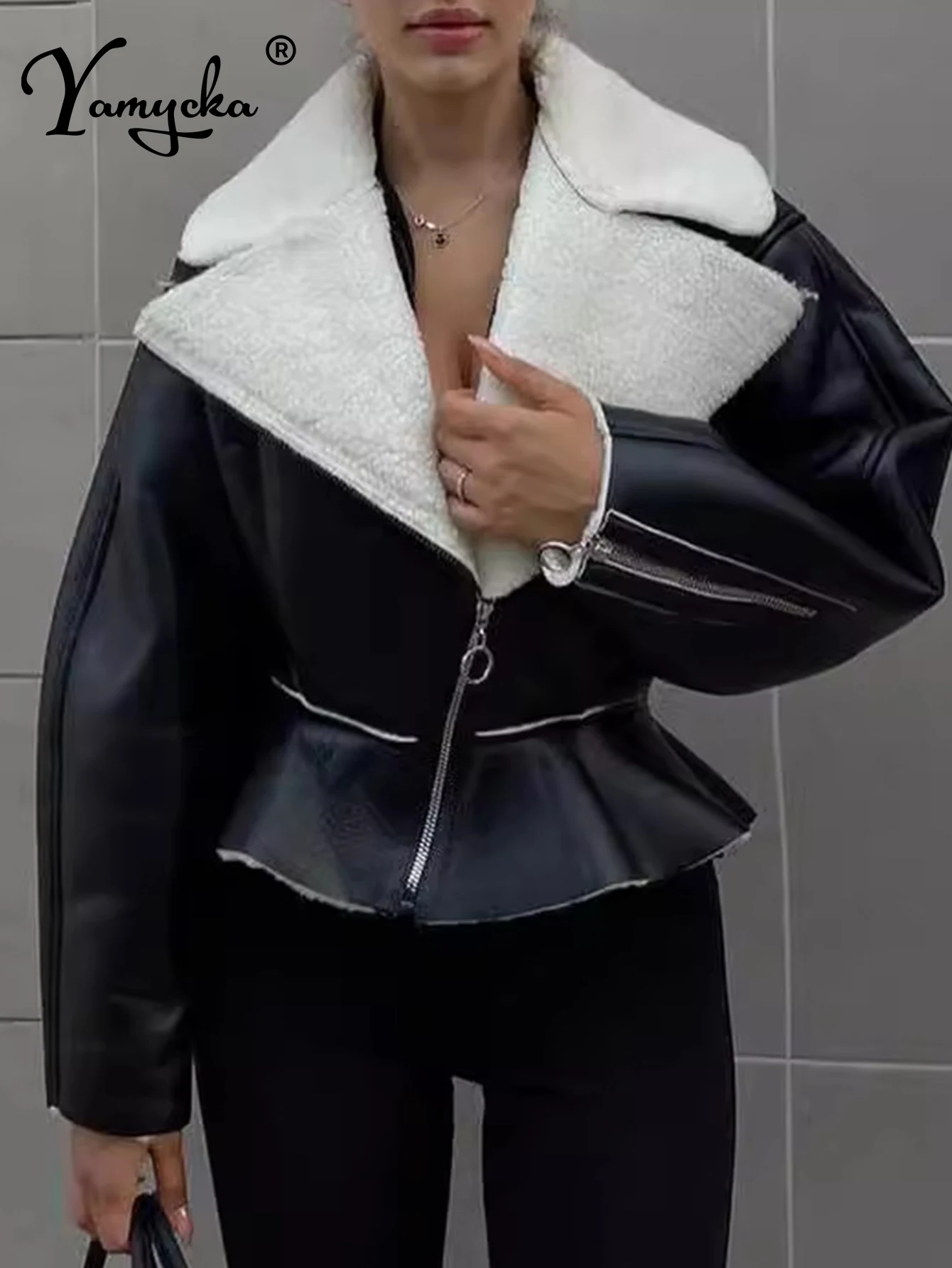 

Sexy vintage black white jacket outerwears women winter casual fashion jackets for woman streetwear long sleeve top cropped coat