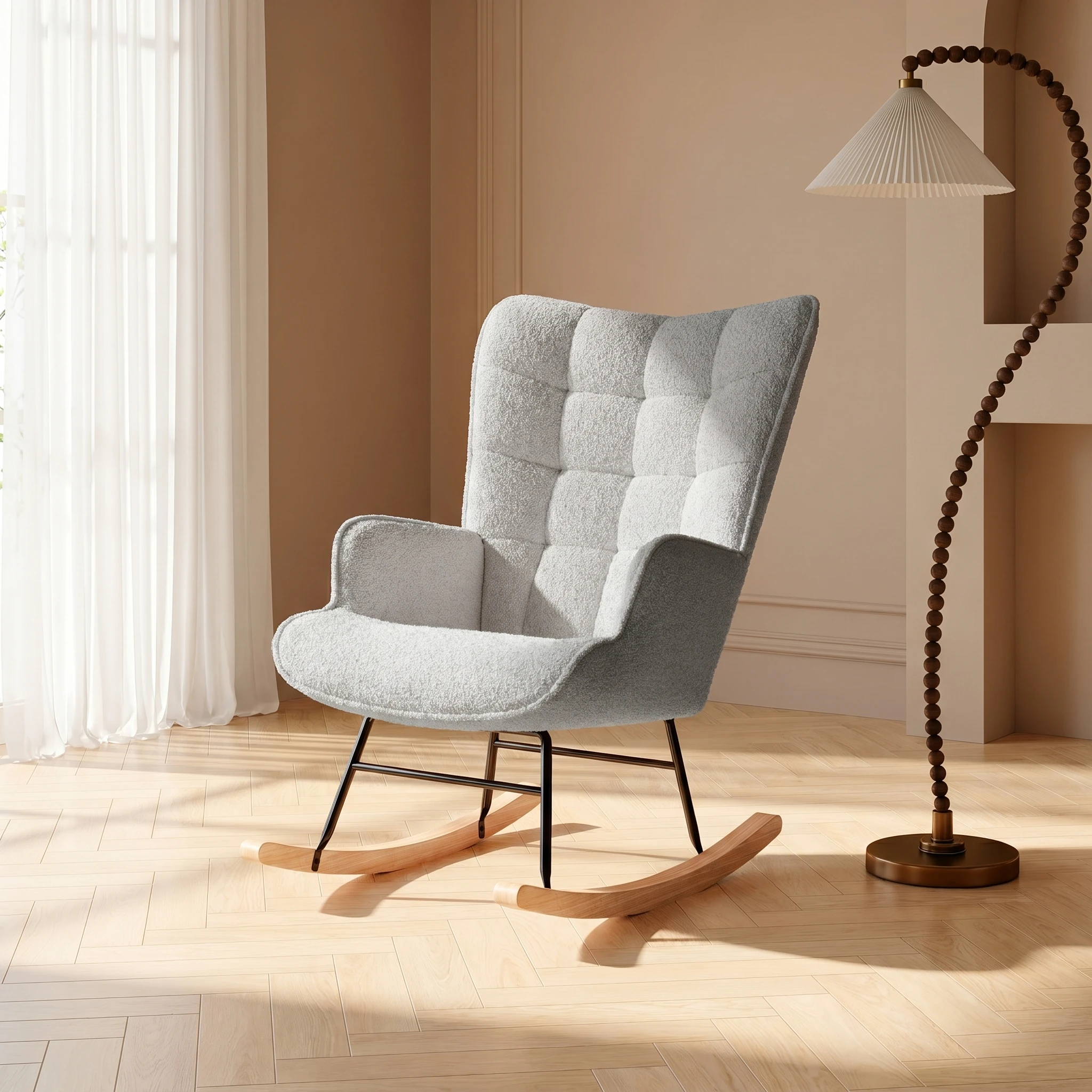 Silla Mecedora Anajqaqia, Silla de Descanso Tapizada con Respaldo y Reposabrazos a Cuadros, Base de Madera, Terciopelo Teddy
