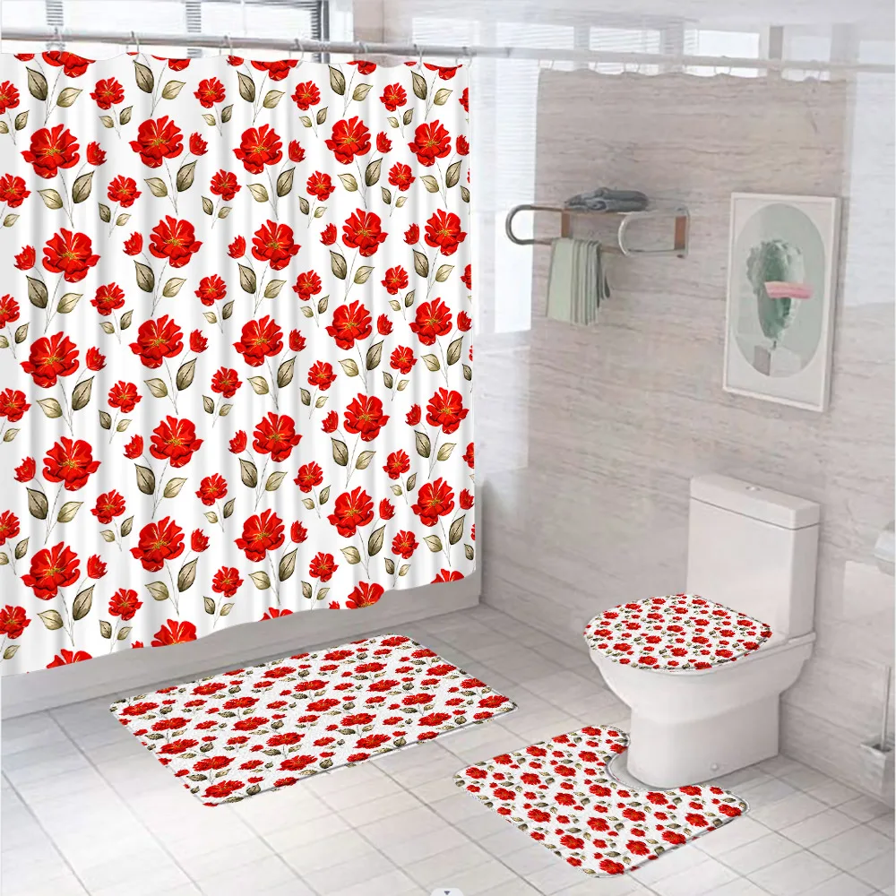 Red Flower Leaves Bathroom Set with Shower Curtain Rug Bath Mats Toilet Cover Spring Floral Rural Country Fabric Curtains Screen