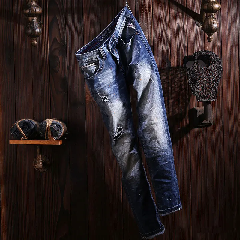 Street Fashion Men Jeans High Quality Retro Blue Stretch Slim Fit Patched Ripped Jeans Men Painted Designer Vintage Denim Pants