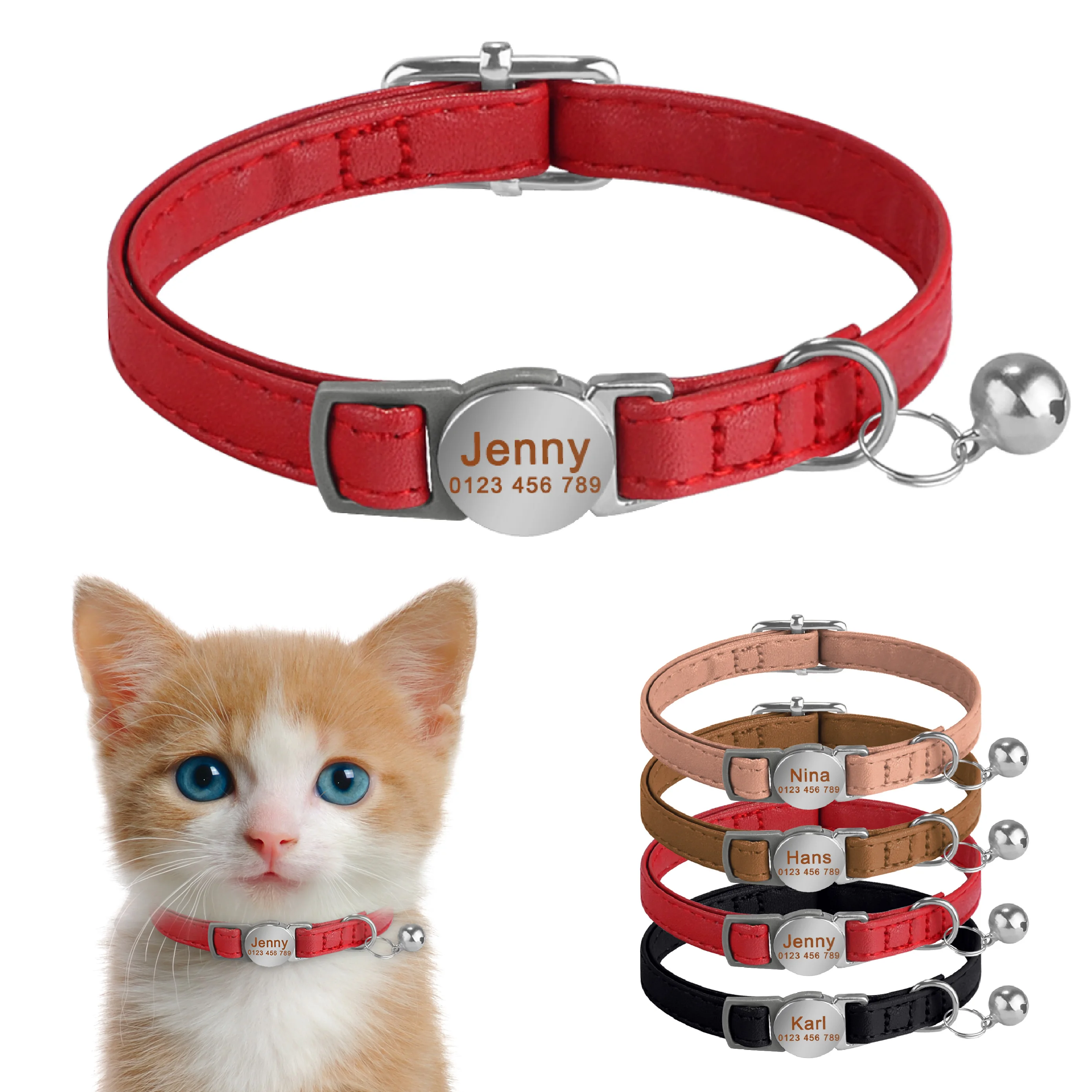 Leather Engraveing Collars With Free Name Bell Pet Anti-lost Cats Accessories Personalized Cat Collar Safety Breakaway