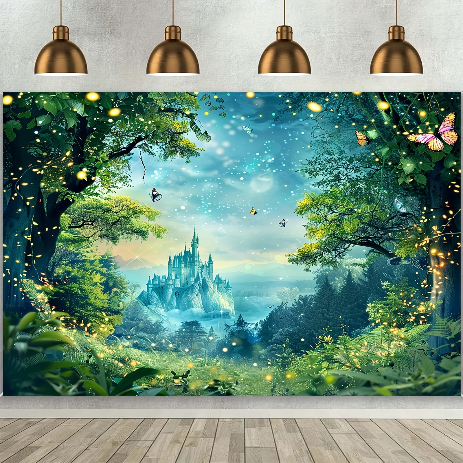 Magic Forest Fotografie-Hintergrund – mit grünem Wald-, Höhlen- und Schmetterlingsdesign, Event-Shooting