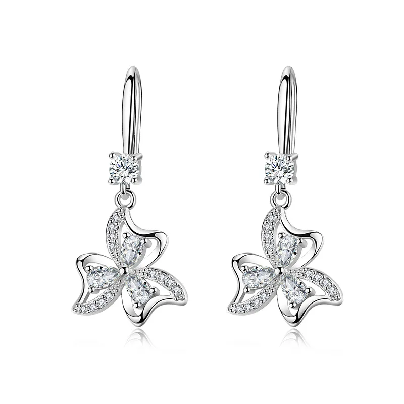 925 Sterling Silver Female Wedding Jewelry Luxury Crystal Flower Drop Earrings For Women