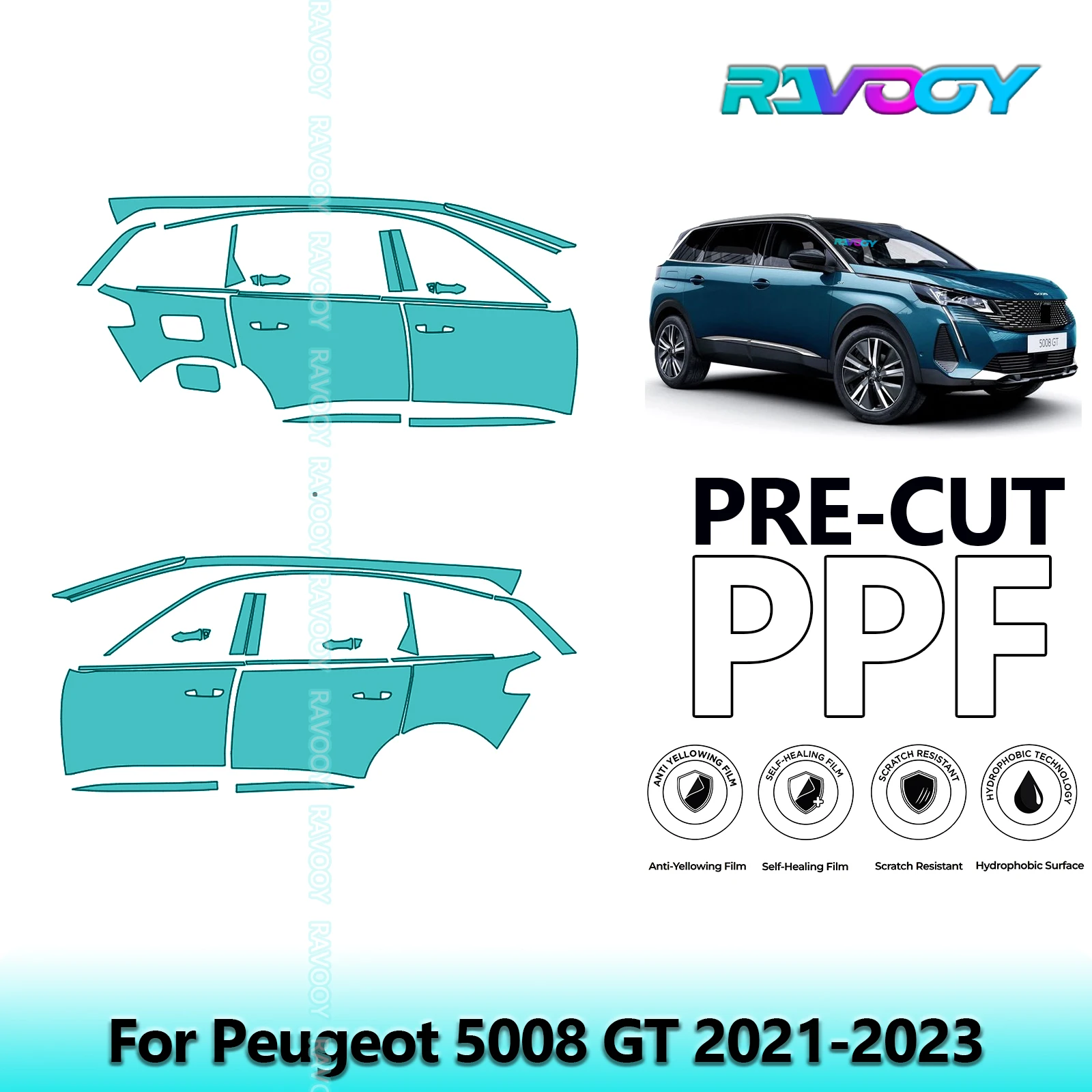 

For Peugeot 5008 GT 2021-2023 8.5mil Clear Matte Pre-Cut PPF Door & A/B Pillar Kit TPU Paint Protection Film Set
