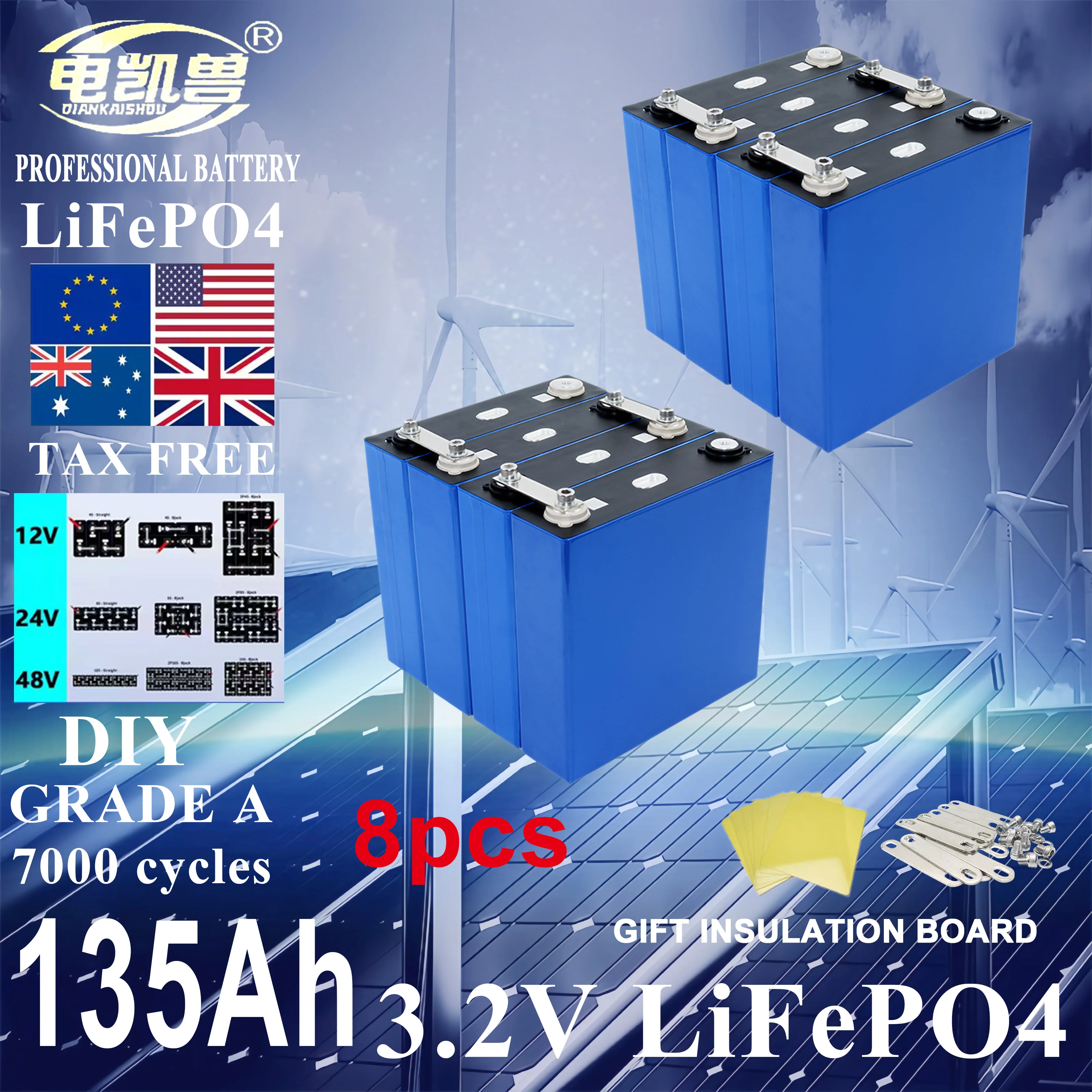 

New 8pcs Grade A 135ah 3.2V Lifepo4 Rechargeable Battery 7000 Cycles DIY 12V 24V 48V RV, yacht, golf cart solar energy battery