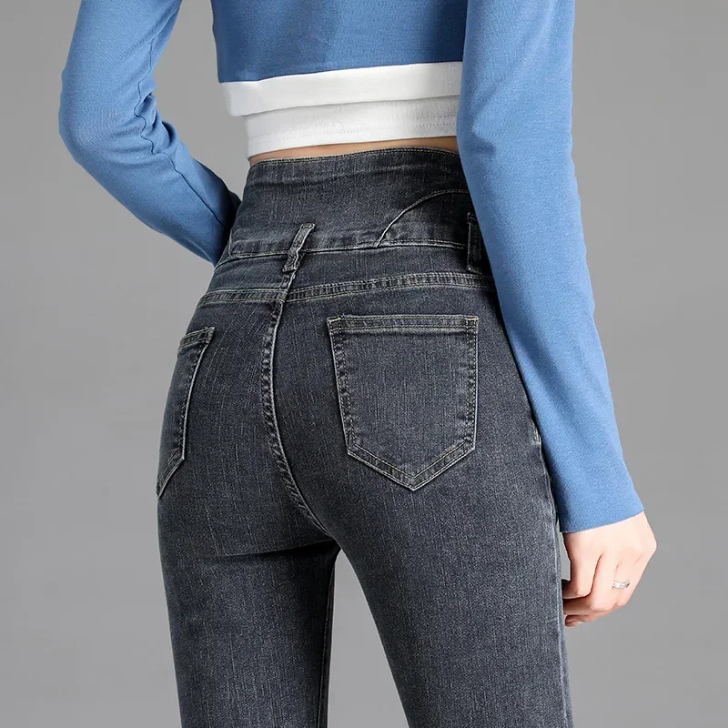 New Quality Women's Retro High Waist Fashion Skinny Jeans Stretch Straight Stylish Button Pencil Straight Casual Pants Female