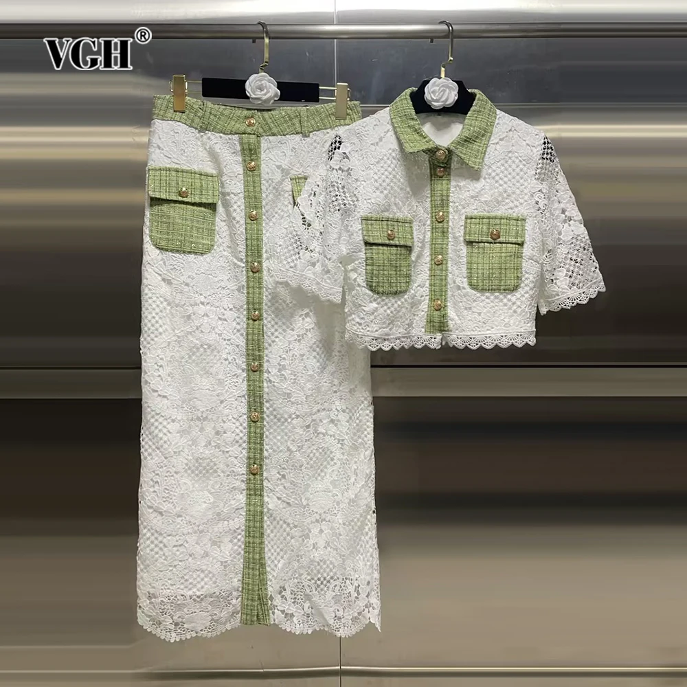 VGH Hollow Out Embroidery Two Piece Set For Women Lapel Short Sleeve Tops High Waist Long Skirts Slimming Sets Female Fashion