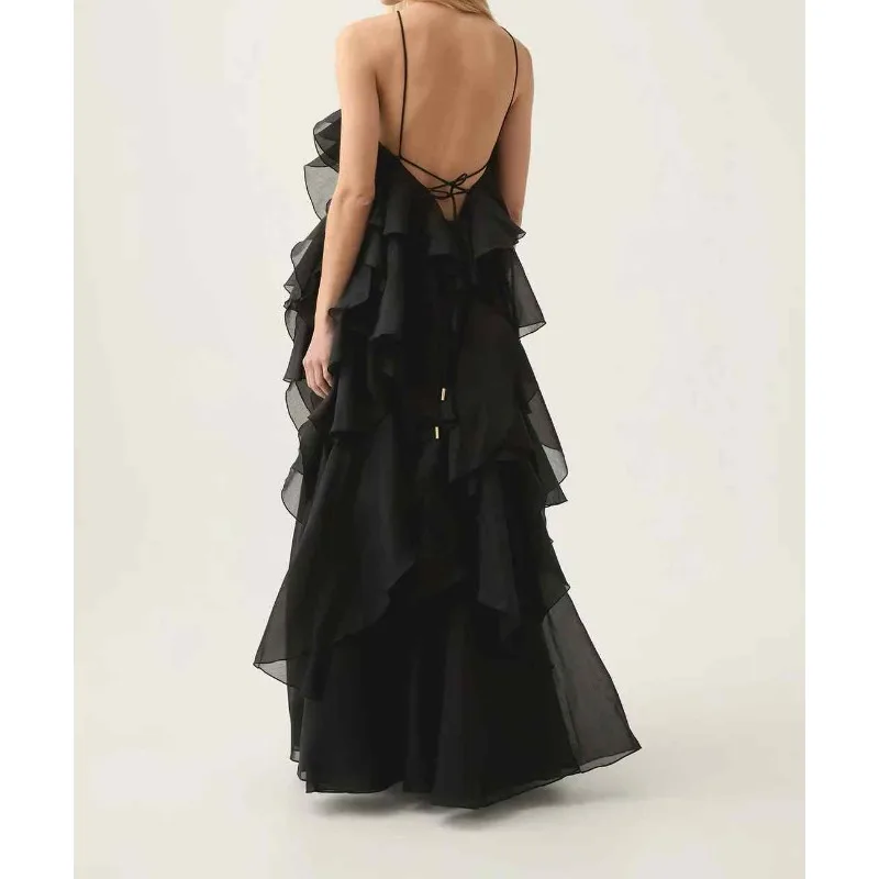 Robe de soirée à volants pour femmes, rouge, noir, fleurs appliquées, dos nu, fibrMaxi, robes de Rhpour le nouvel an