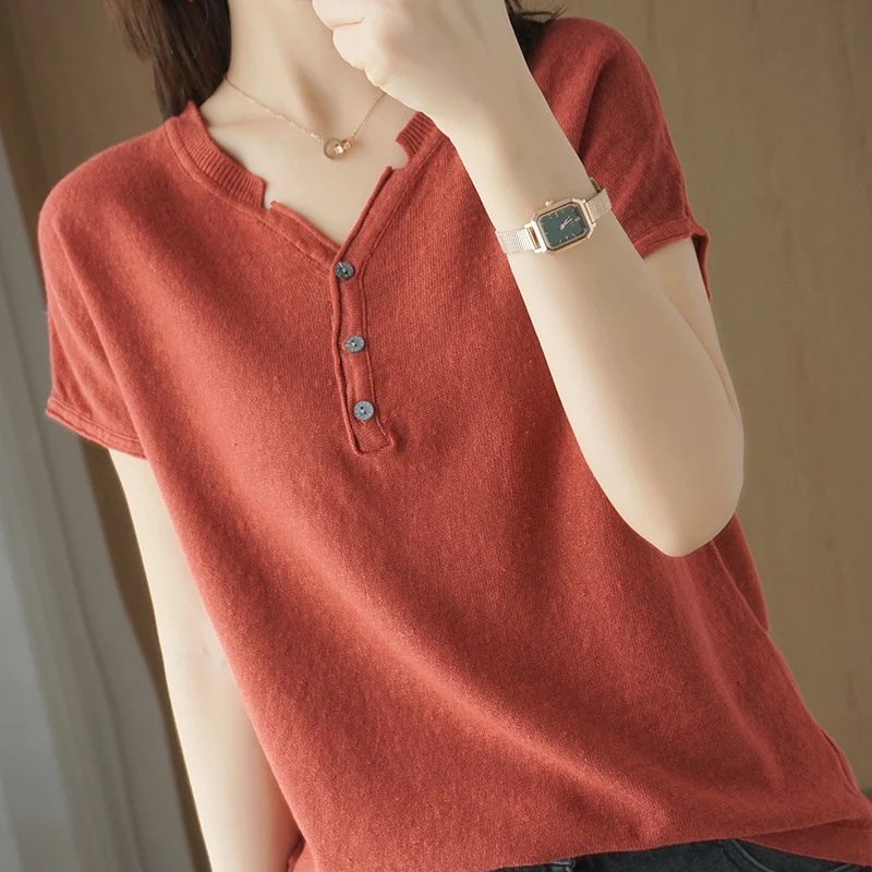 Ladies Pure Cotton Short Sleeves Button Front V Neck Linen Cotton Loose Fit Casual Basic Tee Summer Solid Color Top 2025 T-shirt