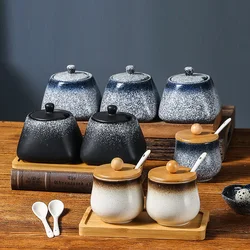 Japanese Style Vintage Ceramic Spice Jar Combination Set Kitchen Salt Spice Box with Lid Pepper Sugar Jar Food Kitchen Utensils