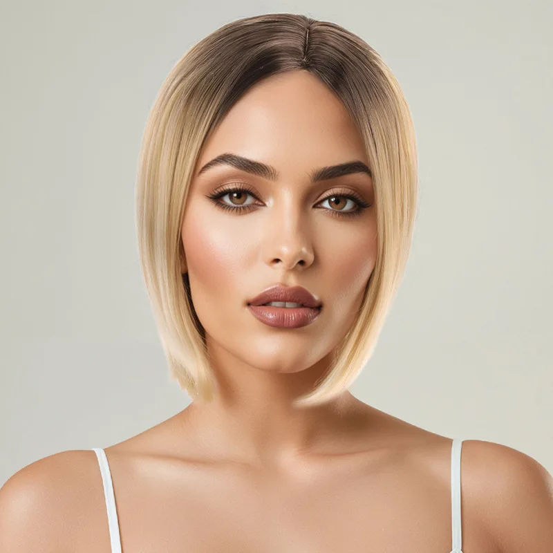 European and American golden girl, split wig, shoulder length cut, short straight hair, full head cover-Synthetic fiber wig