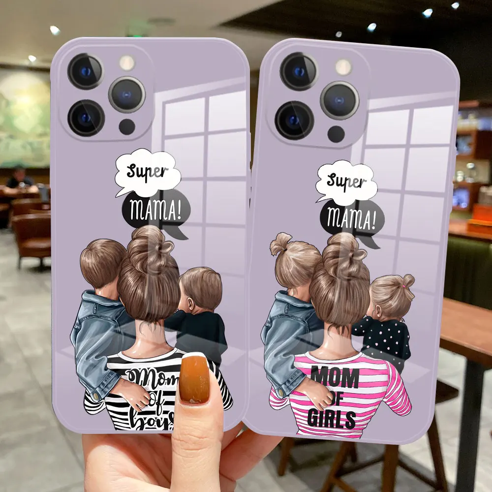 Super Mama Girl Mom Boy Baby Phone Case For iPhone 11 12 13 Pro Max Mini XS 7 8 Plus XR XS Max SE grass purple Glass Back Cover