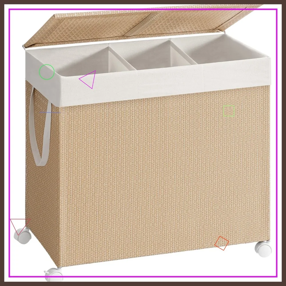 

3-секционная корзина для белья на колесиках, корзина из ротанга большой вместимости 140 л со съемной подкладкой, семейный органайзер