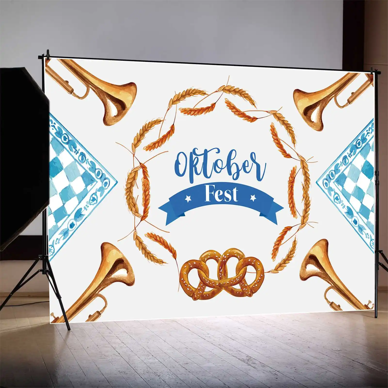 MOON.QG Backdrop Oktoberfest Beer Festival Banner Poster Photo Background Wheat Ring Ribbon Horn Blue Check Cloth Decorations