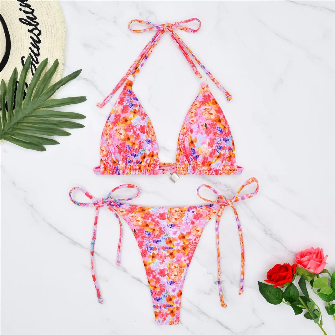 S - XL, mit Blumenmuster bedruckter Bikini mit Trägern, Damen-Badebekleidung, zweiteiliger Bikini-Set, Badeanzug, Badebekleidung, Modell V6177. – Detail 9