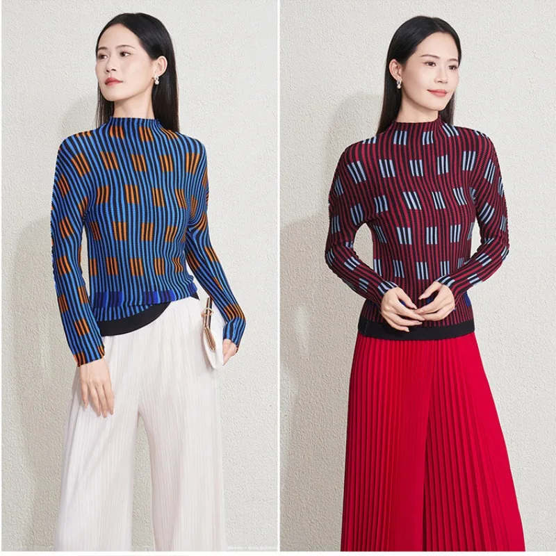 

Miyake Printed Striped High Neck Bottom Shirt Women's Fall Long Sleeve T-Shirt Slim Pleated Top Stretch Thin Polyester Clothing