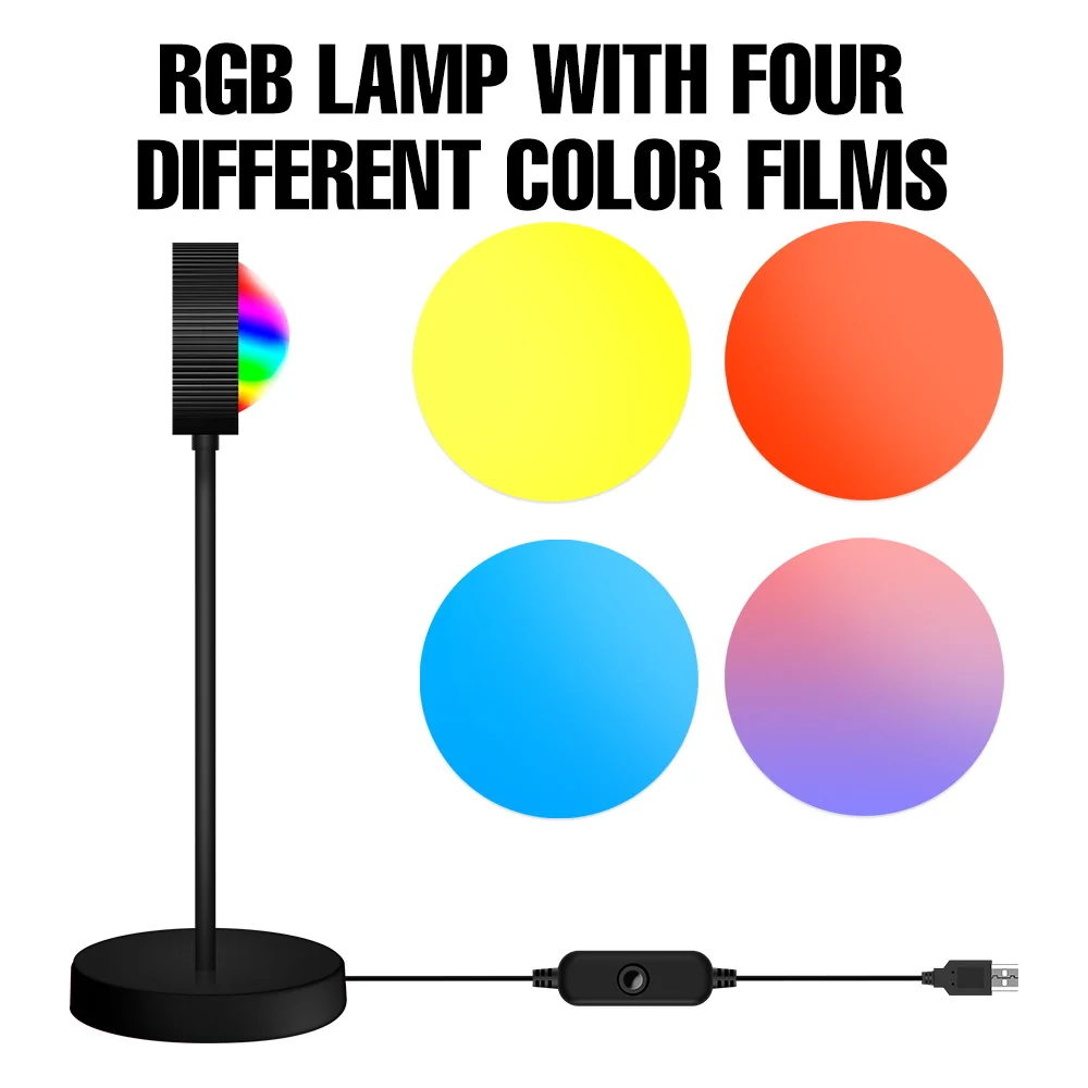 Lampa LED Sunset USB projektor RGB atmosfera tęczowe światło neonowe tło nastrojowa lampa lampka nocna do pokoju możliwość przyciemniania światła nocne Led