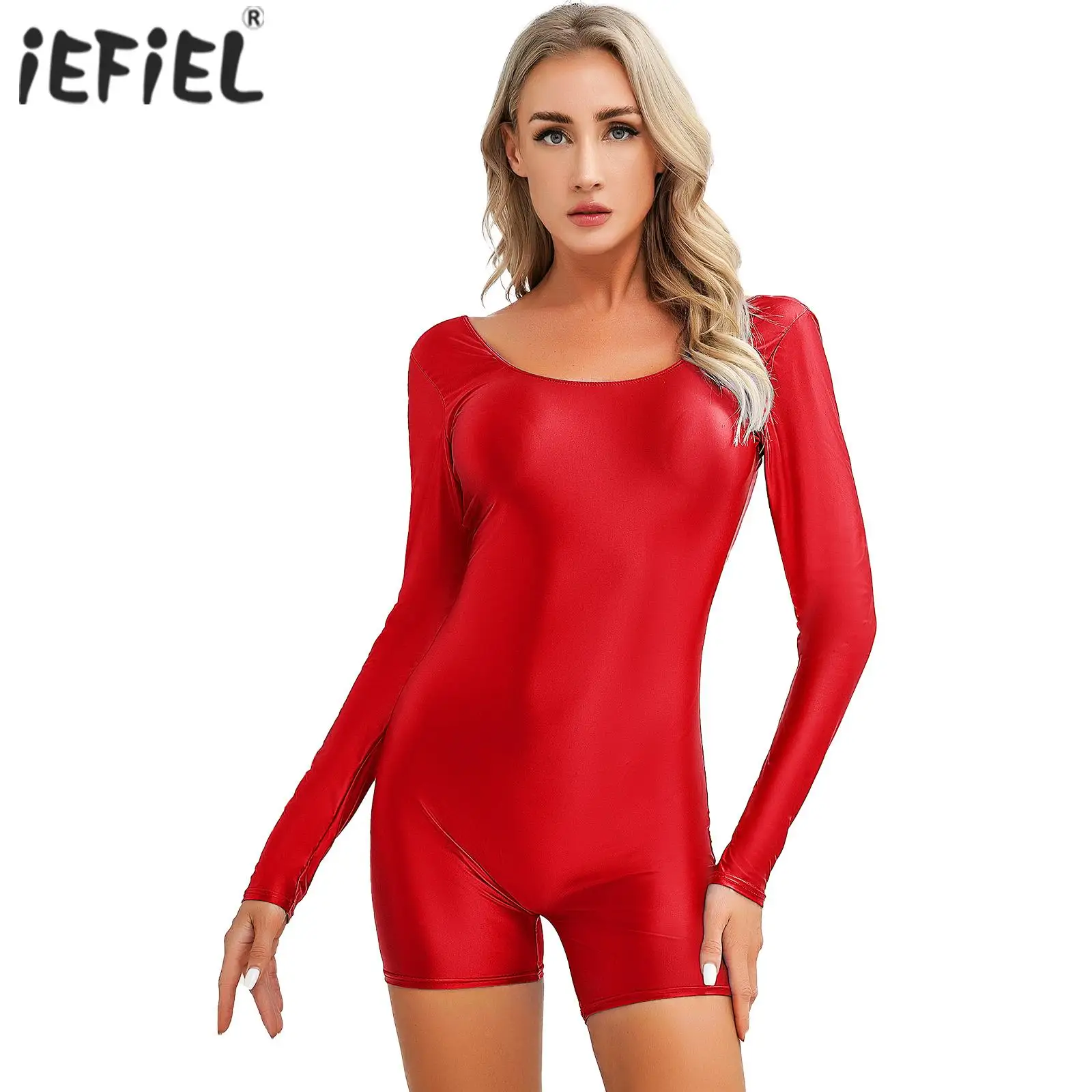 Womens Glossy Swimsuit Bodysuit Rompers Solid Color Stretchy Round Neck Slim Fit Short Jumpsuit Yoga Bodybuilding Gym Fitness