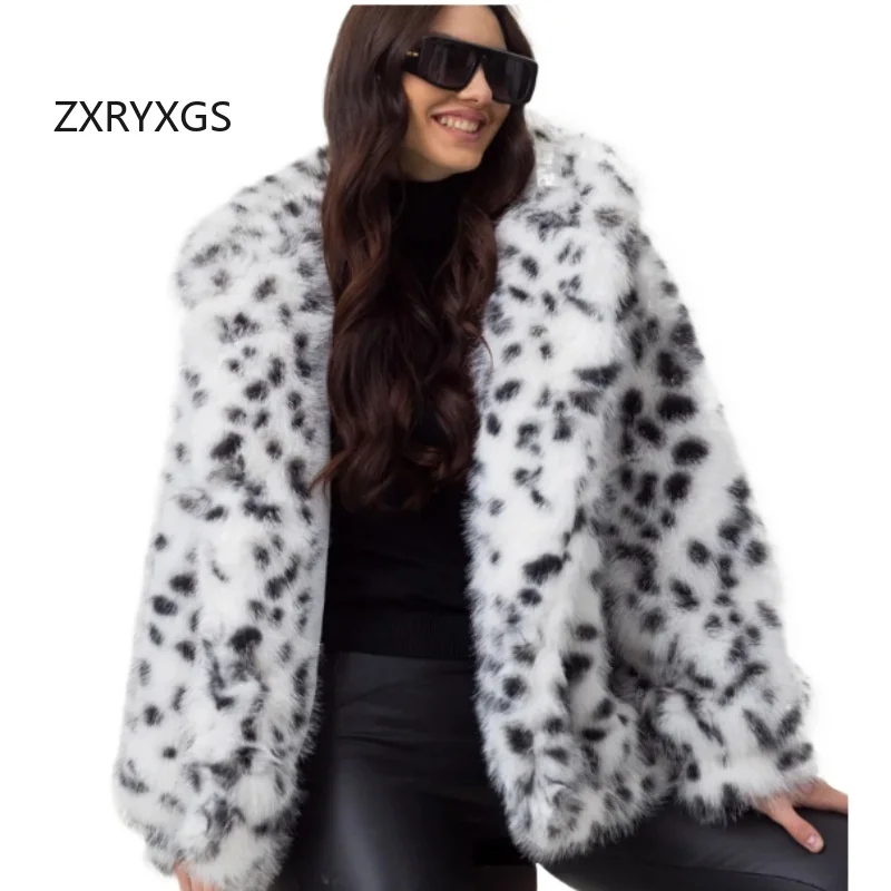 ZXRYXGS Black and White Spotted Faux Fur Coat Women's Clothing 2026 Winter Mid To Long Hooded Women's Coat Fashionable Jackets