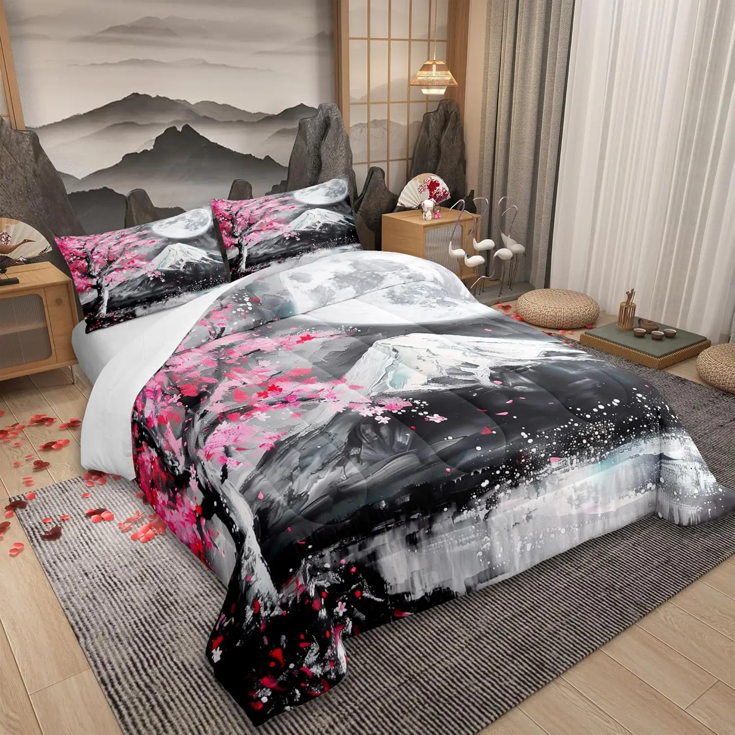 Japanese Ukiyoe Set Queen Size Fuji Mountain Scenery Quilt Set for Women Teens Men Home Room Decor Pink Cherry Blossoms Tree