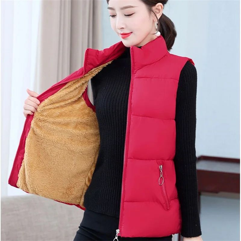 2024 Autumn Winter Women Solid Loose Vest Stand Collar Long Vest Jacket Cotton Padded Women Windproof Warm Waistcoat 5XL