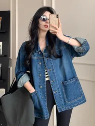 Simple Casual Loose Denim Jacket For Women Large Pockets Retro Turn Down Collar Long Sleeve All Match Jacket Coats Chic