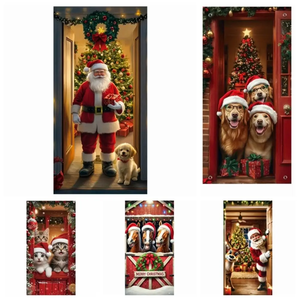 

Animals Theme Christmas Door Cover 35.4x70.8" Dog Cat Christmas Hanging Cloth Santa Claus Versatile Hanging New Year Decoration