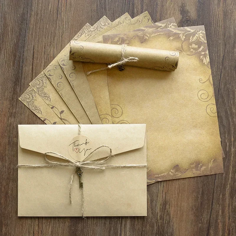 Retro Vintage Kraft Envelope Letter Pad Set Old Europe Style Love Letter Invitation Envelopes Writing Paper With Rope