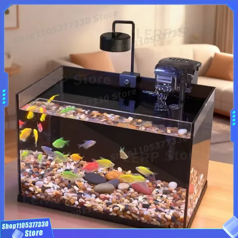 Rectangular Desktop Goldfish Tank with Black Glass Base Transparent Eco Friendly Aquarium for Living Room Home Decoration