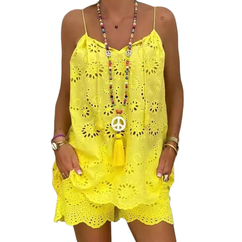 

Sexy Hollow Lace Up Paghetti Strap Pullover Top Elastic Waist Ruffle Shorts Set 2025 Summer New Casual Vacation 2 Piece Set