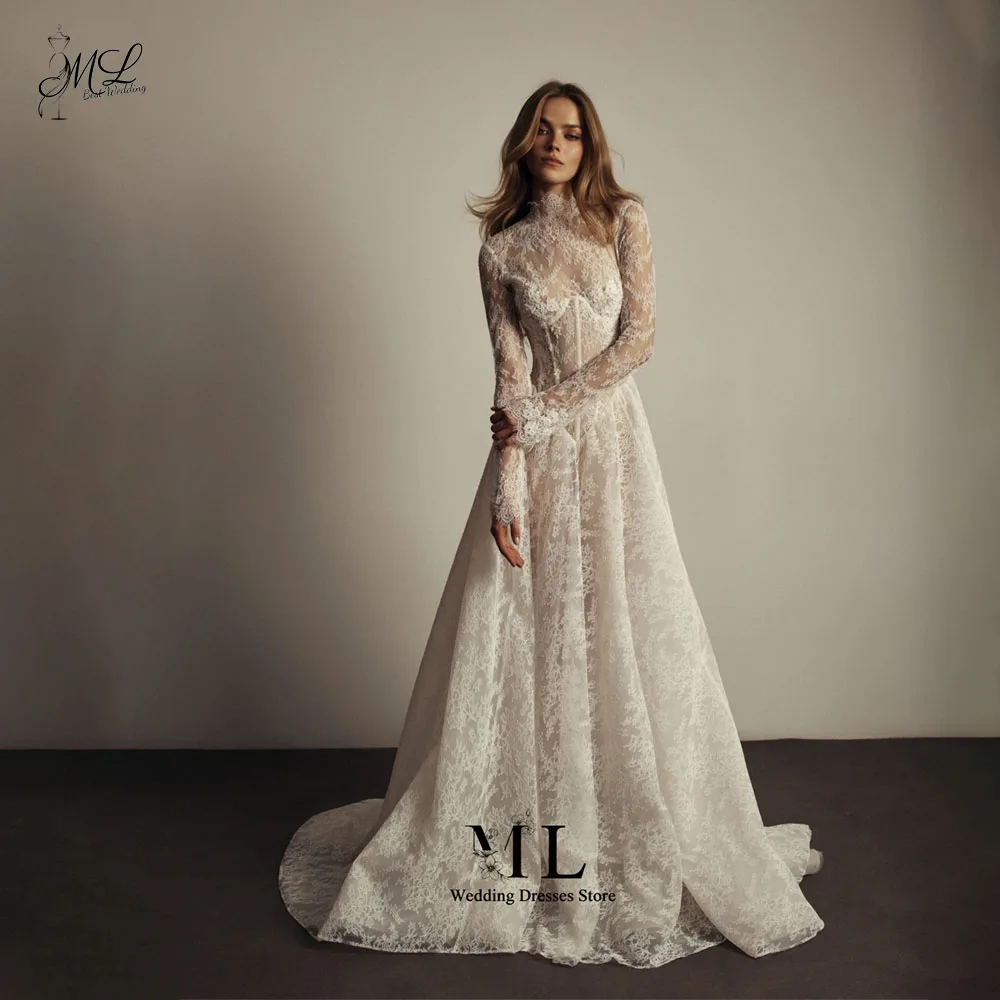 ML Rustic High Neck Full Sleeve A-line Wedding Dress Applique Lace A-line Long Bridal Gown Robe de mariée Customized 2026