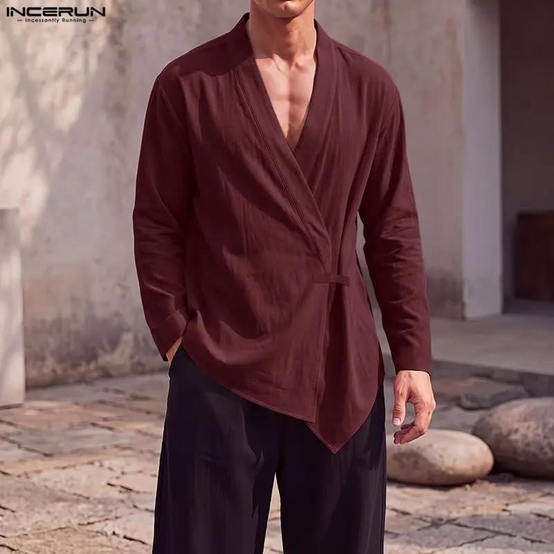 Men's Shirt Solid V Neck Long Sleeve Lace Up Men Clothes Streetwear Loose Tops Vintage Casual Irregular Shirts For Man INCERUN