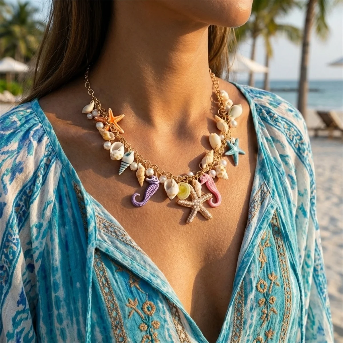 Sommerliche, extravagante, farbenfrohe Anhänger-Halskette mit Seestern, Muschel und Seepferdchen aus Kunstharz für Damen und Herren, Ozean- und Strandmotiv, Meerestier-Choker-Schmuck – Detail 6