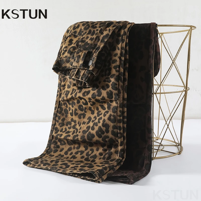 

KSTUN Vintage Leopard Print Straight Wide Leg Jeans Women High Waisted Streetwear Cargo Pants Multi-pockets Lady Denim Trousers