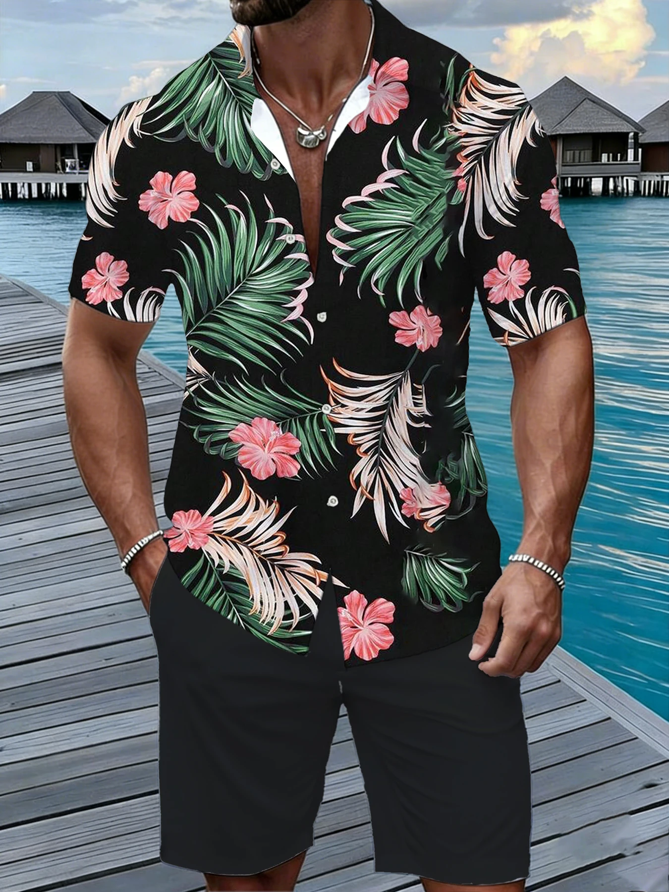 

Men's Premium Tropical Hibiscus Print Short Sleeve Shirt, Elevated Beach & Resort Wear